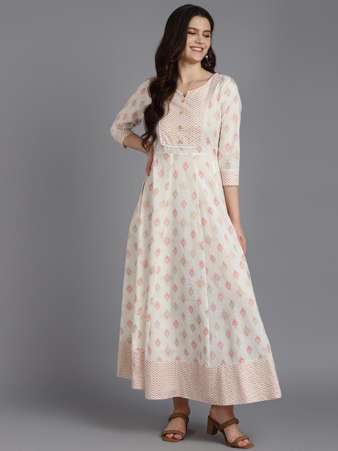 

ZARI Ethnic Motifs Printed Cotton A-Line Maxi Ethnic Dress, Cream