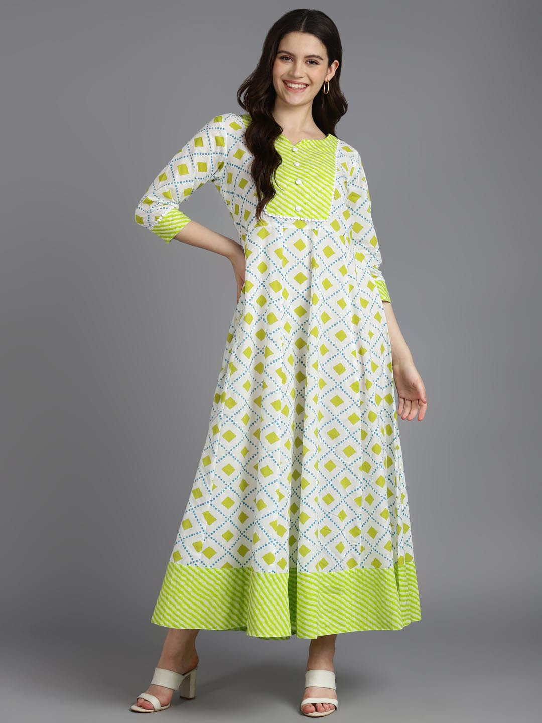 

ZARI Geometric Printed Cotton A-Line Maxi Ethnic Dress, Green