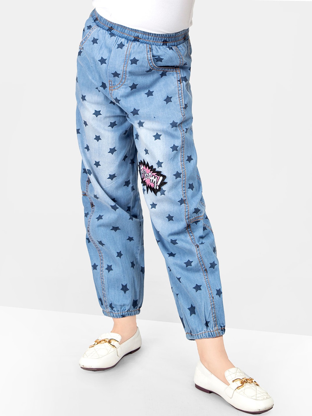 

Naughty Ninos Girls Printed Heavy Fade Cropped Retro Denim Pure Cotton Jeans, Blue