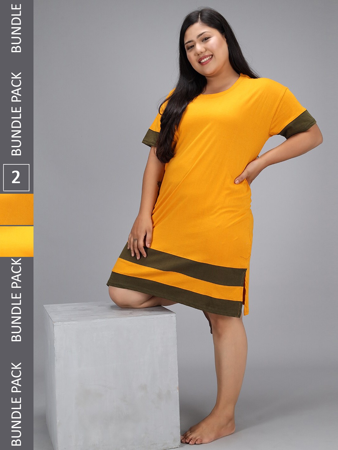 

Christy World Pack Of 2 Striped Pure Cotton T-shirt Nightdress, Mustard