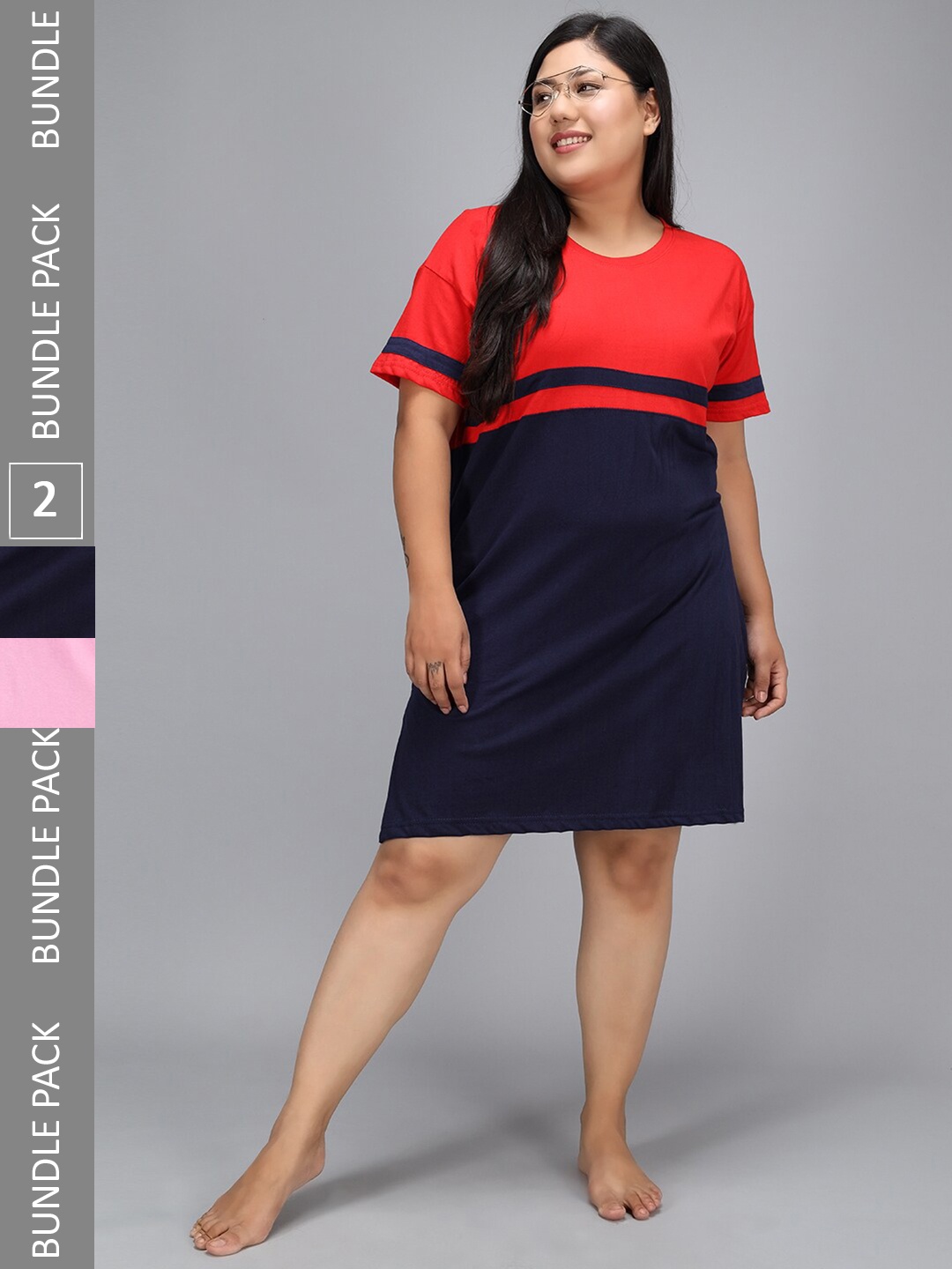 

Christy World Pack Of 2 Striped Pure Cotton T-shirt Nightdress, Red