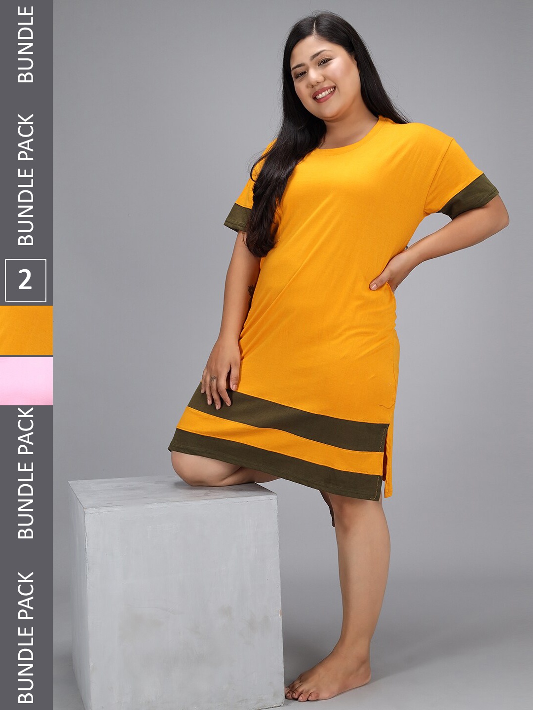 

Christy World Pack Of 2 Striped Pure Cotton T-shirt Nightdress, Mustard
