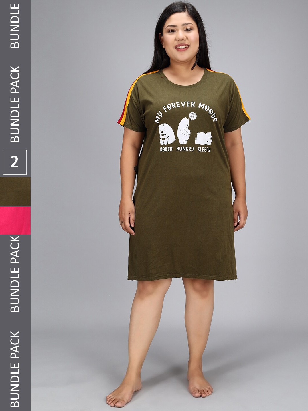 

Christy World Pack Of 2 Printed T-shirt Night Dress, Olive