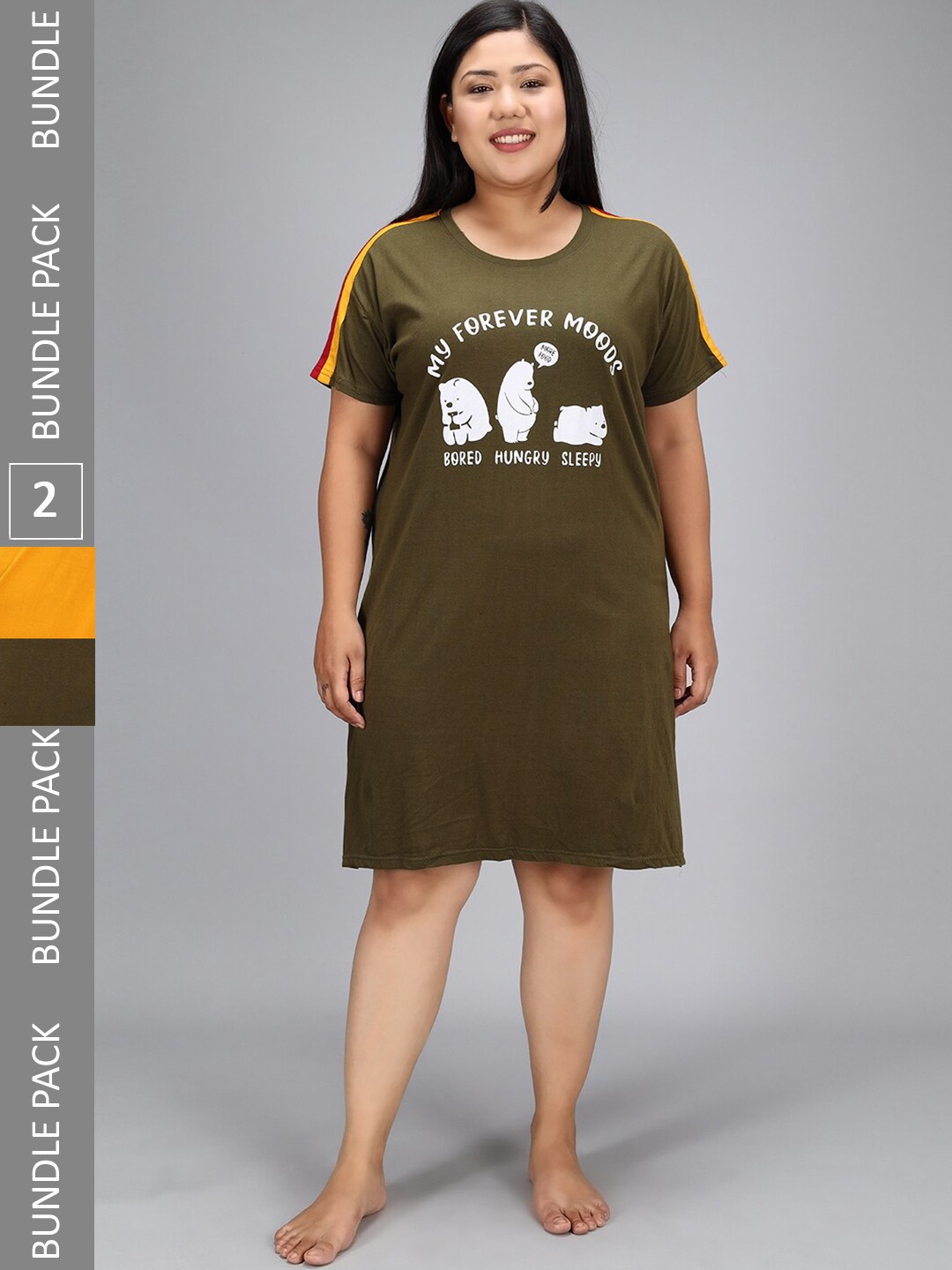 

Christy World Pack Of 2 Typography Printed T-shirt Night Dress, Olive