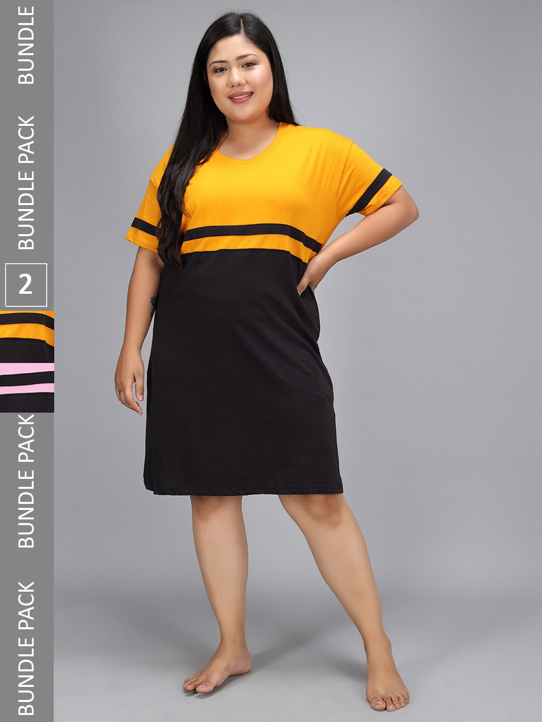 

Christy World Pack Of 2 Striped T-shirt Night Dress, Yellow