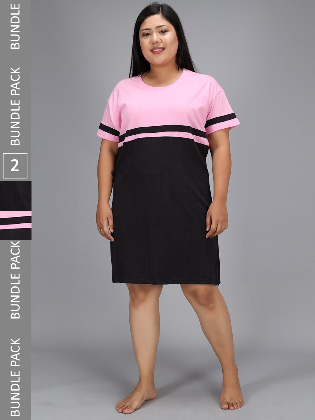 

Christy World Pack Of 2 Striped Pure Cotton T-shirt Nightdress, Pink