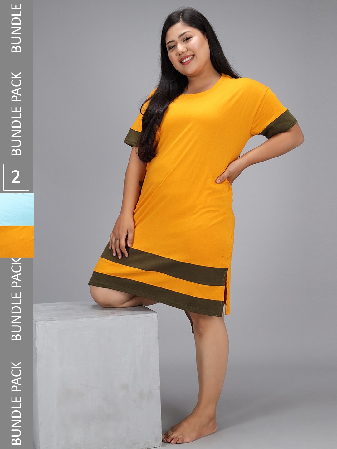 Christy World Pack Of 2 Striped T-shirt Night Dress, Yellow