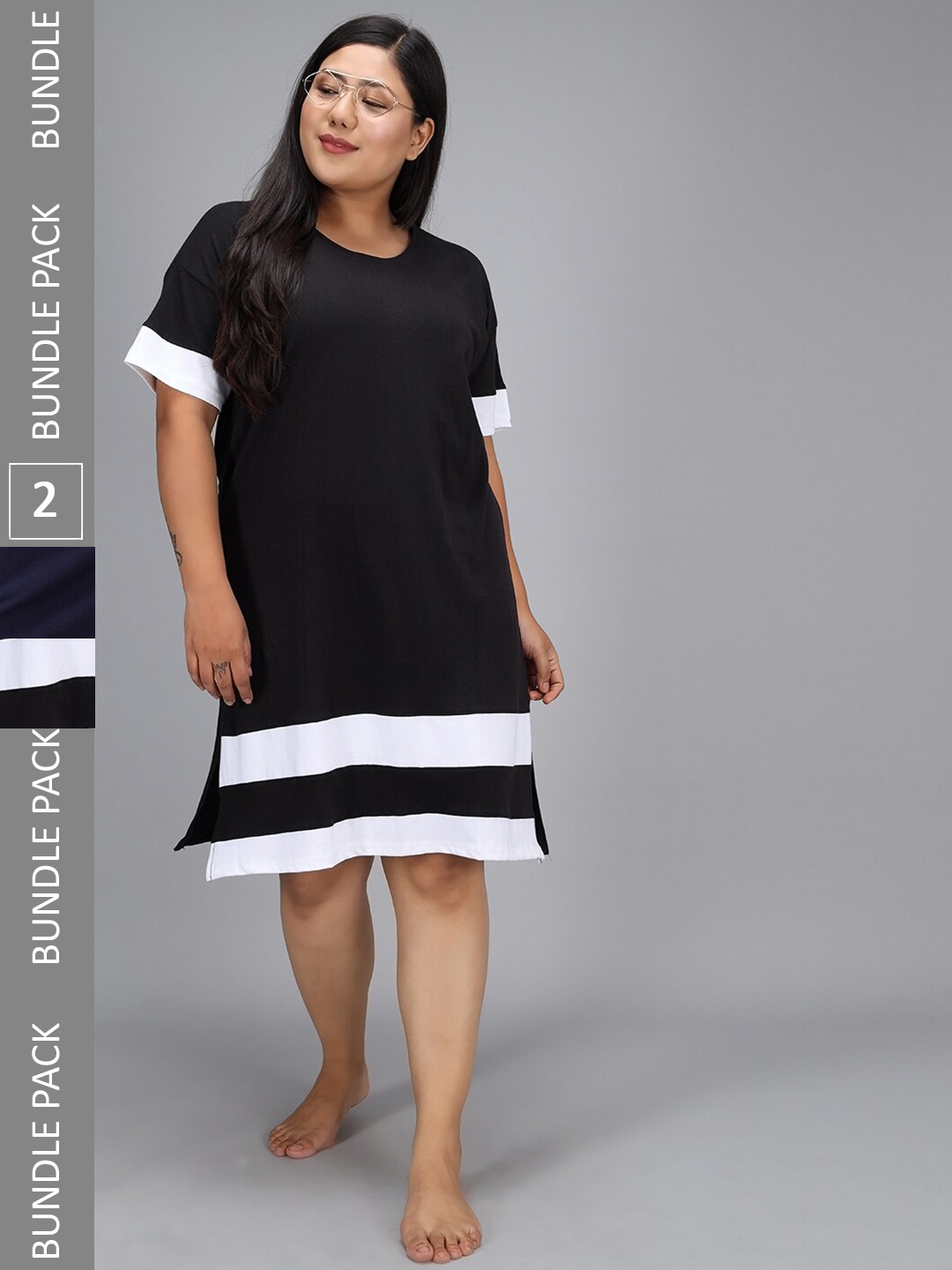 

Christy World Pack Of 2 Striped Pure Cotton T-shirt Nightdress, Black