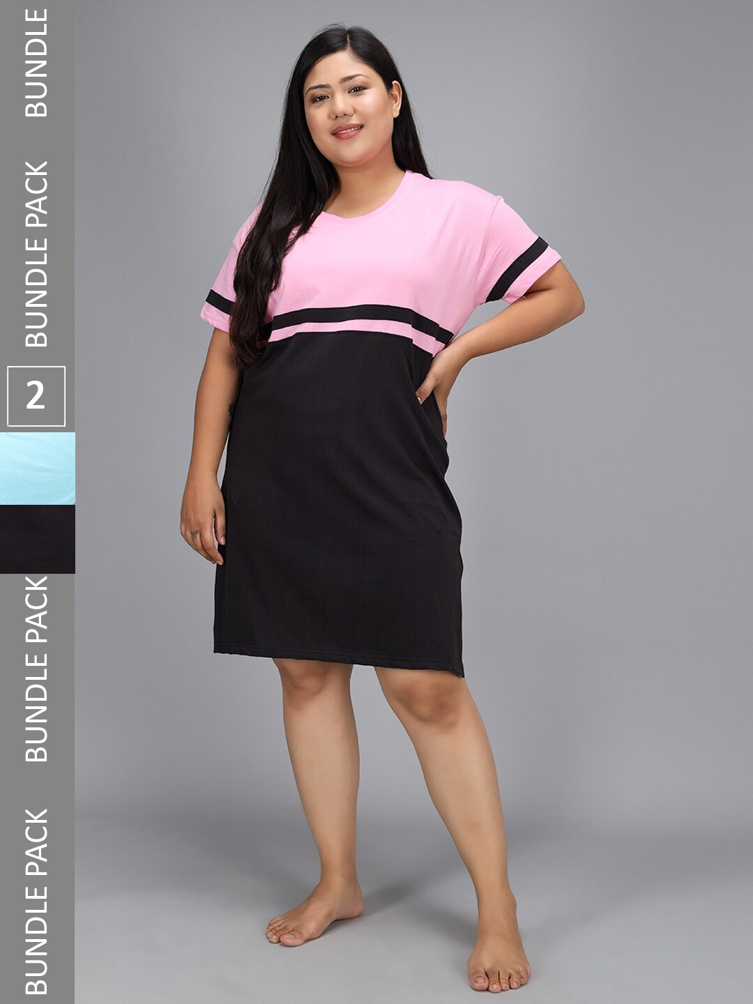 

Christy World Pack Of 2 Striped T-shirt Night Dress, Pink
