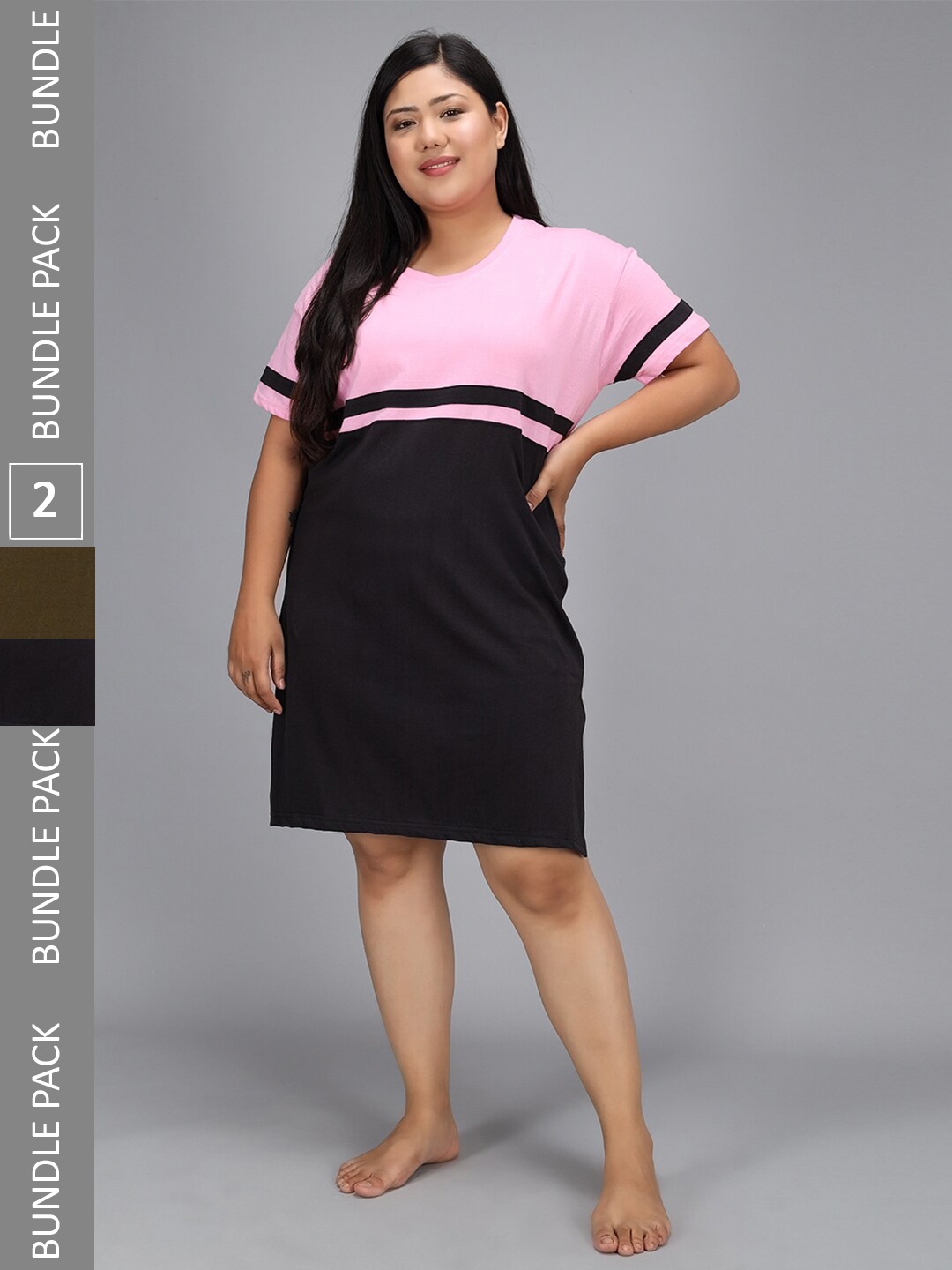 

Christy World Pack Of 2 Striped T-shirt Night Dress, Pink