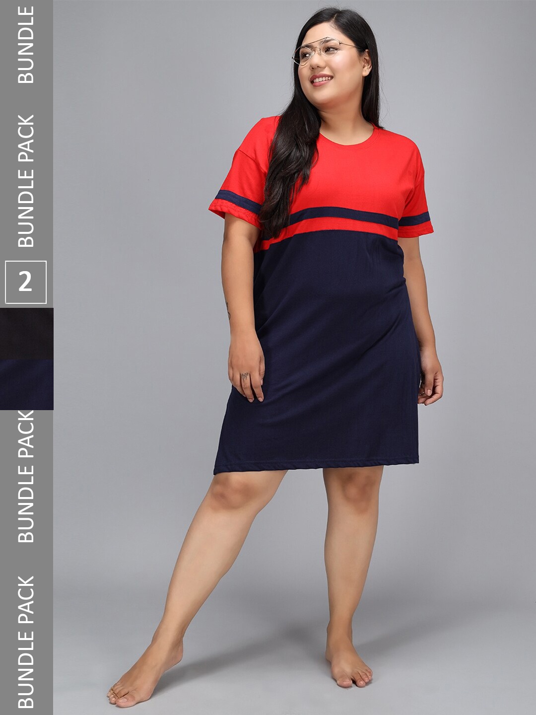 

Christy World Pack Of 2 Striped Pure Cotton T-shirt Nightdress, Red
