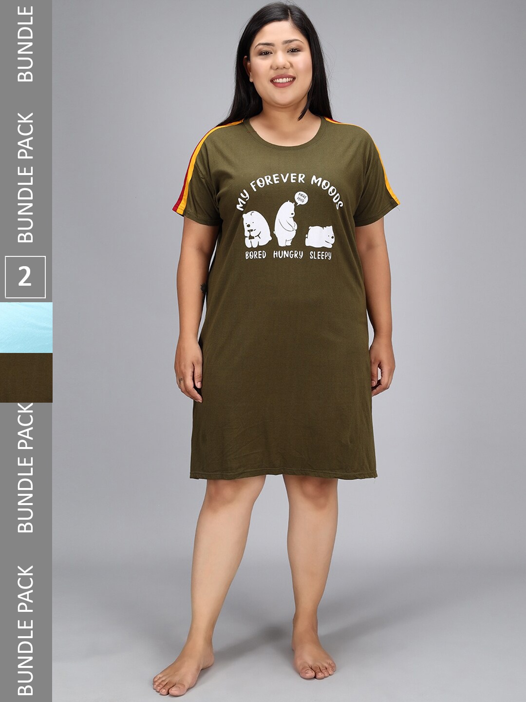 

Christy World Pack Of 2 Printed Pure Cotton T-shirt Nightdress, Olive
