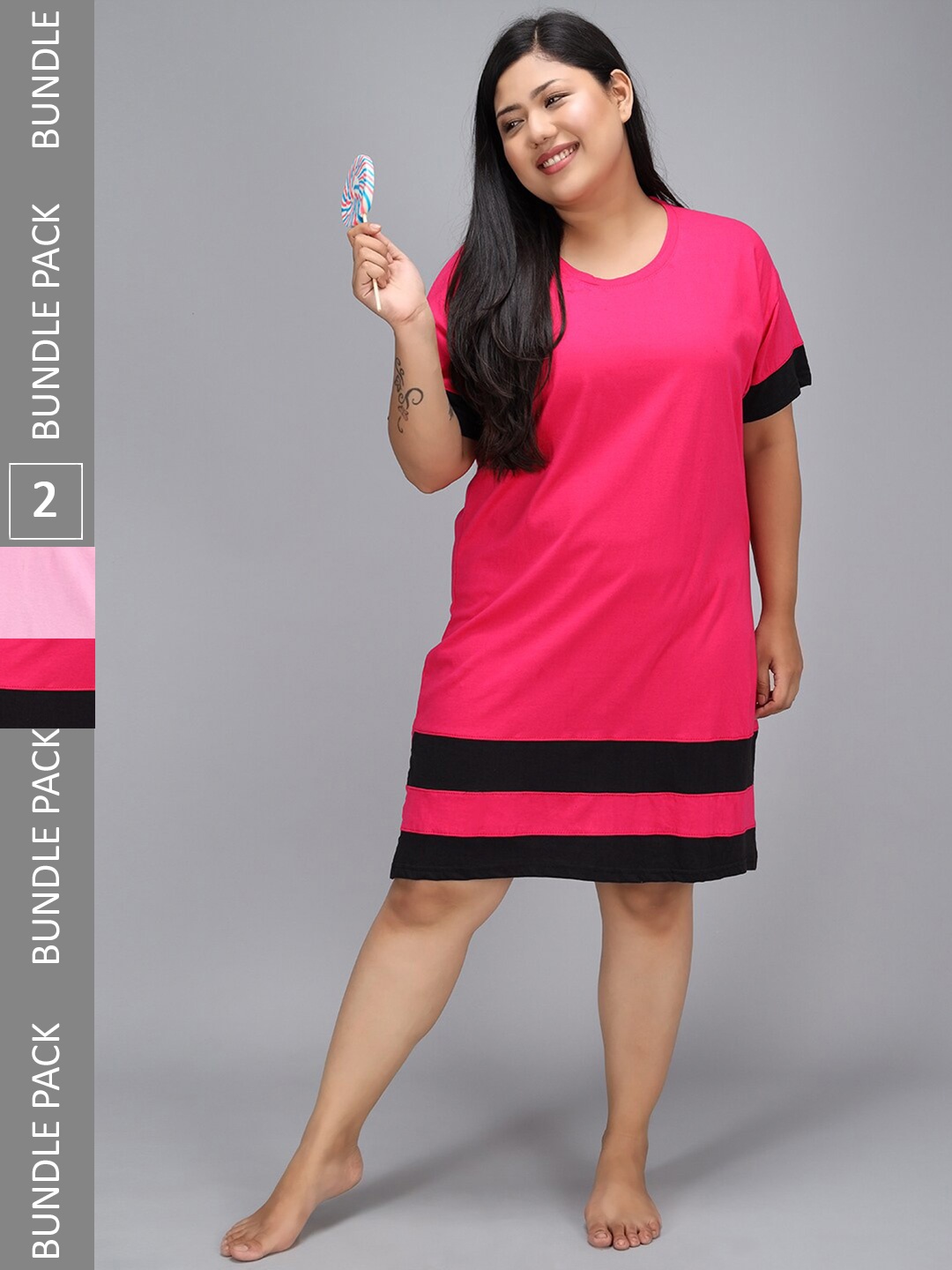 

Christy World Pack Of 2 Striped Pure Cotton T-shirt Nightdress, Pink