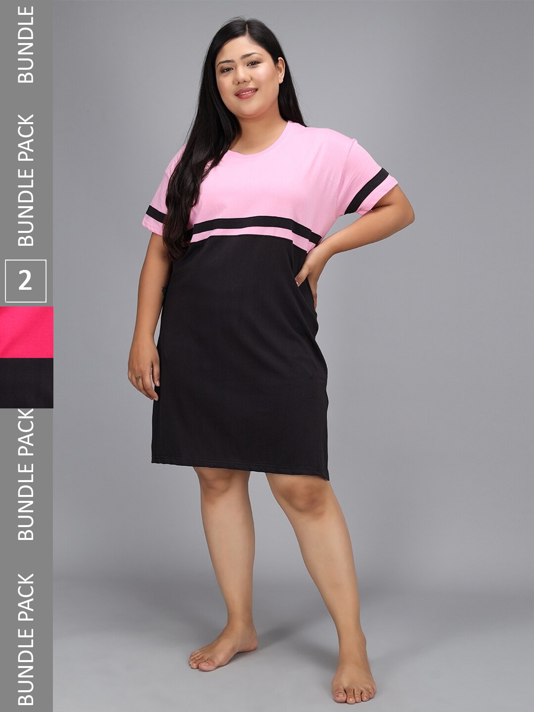 

Christy World Pack Of 2 Striped Pure Cotton T-shirt Nightdress, Pink