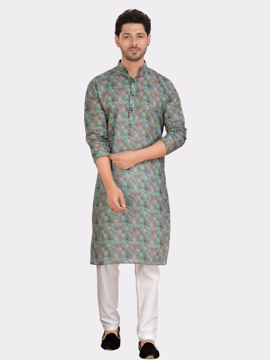 

SHIWAM ETHNIX Mandarin Collar Ethnic Motifs Printed Kurta, Green