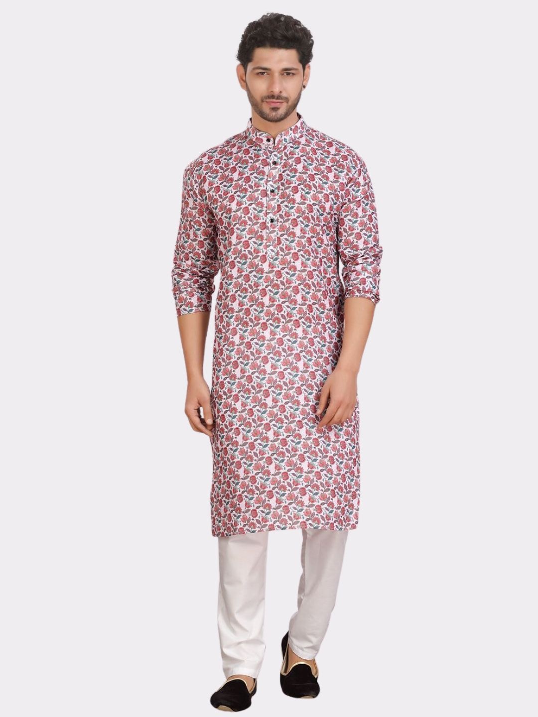 

SHIWAM ETHNIX Floral Printed Mandarin Collar Cotton Kurta, Peach