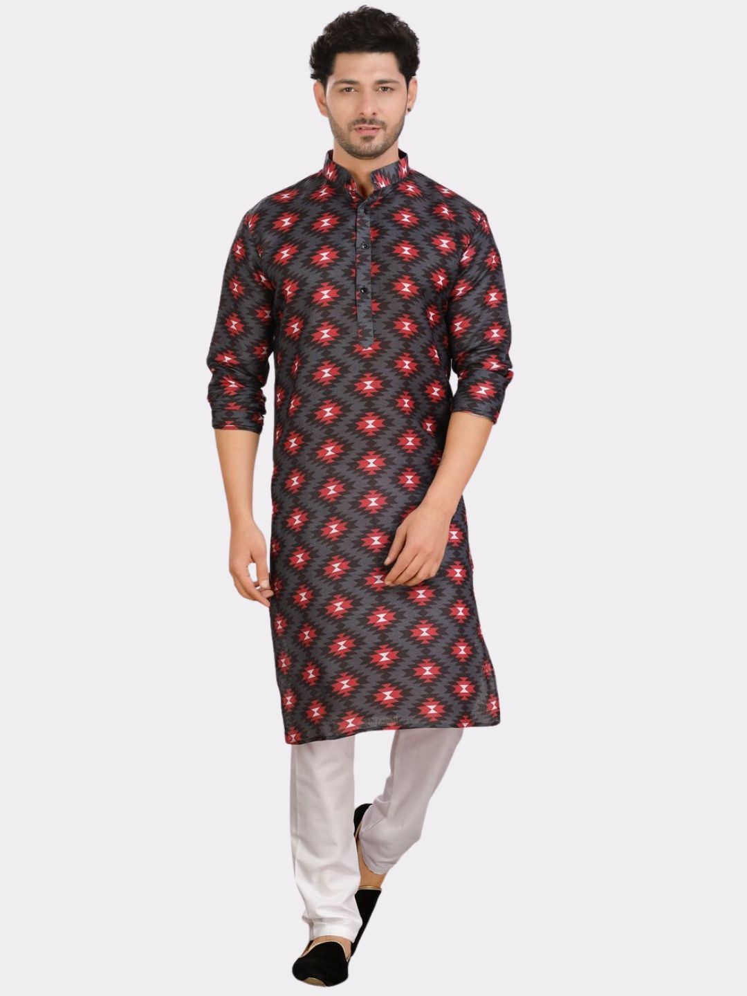 

SHIWAM ETHNIX Geometric Printed Mandarin Collar Cotton Kurta, Red