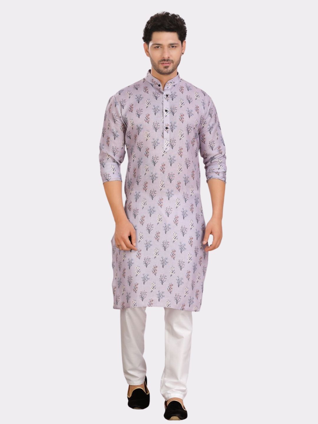 

SHIWAM ETHNIX Ethnic Motifs Printed Mandarin Collar Cotton Kurta, Purple