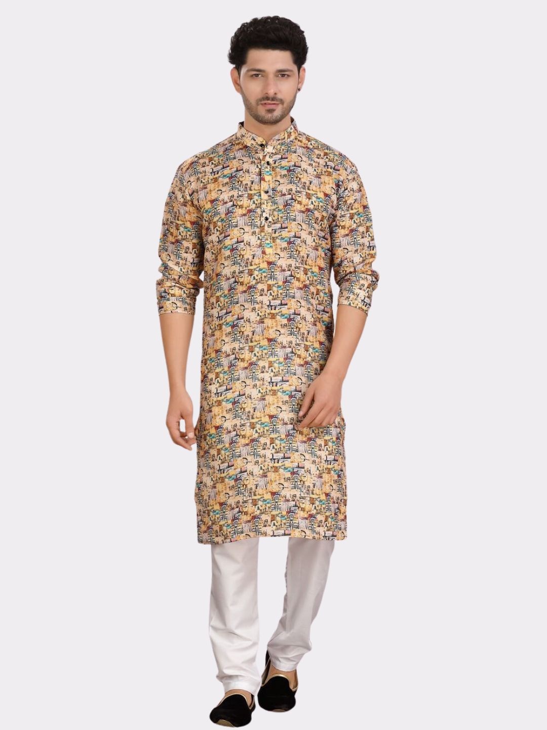 

SHIWAM ETHNIX Printed Mandarin Collar Regular Kurta, Yellow