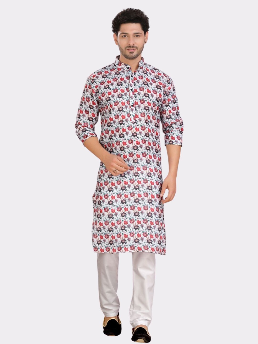 

SHIWAM ETHNIX Floral Printed Mandarin Collar Regular Kurta, White