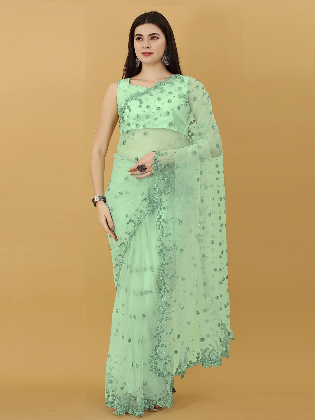 

Fashion Basket Floral Embroidered Net Saree, Green