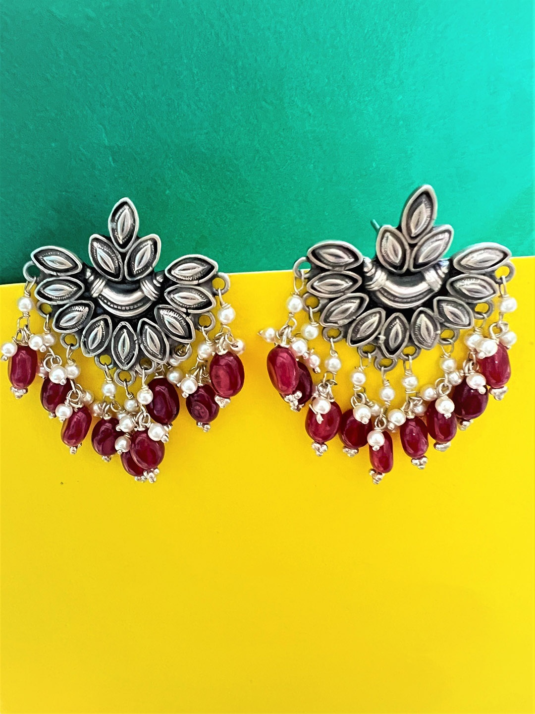 

Arte Jewels Silver-Plated Beads Studded Drop Earrings