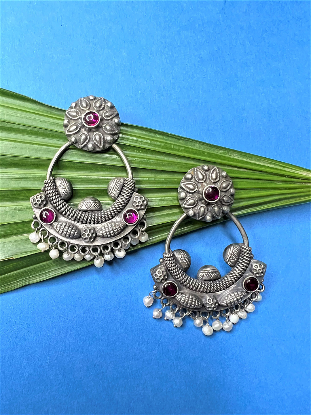 

Arte Jewels Silver-Plated Stone Studded Contemporary Chandbalis Earrings