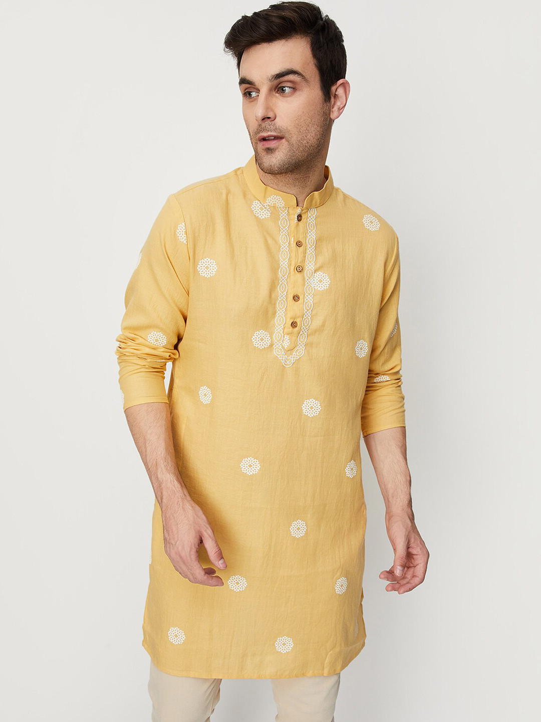 

max Floral Embroidered Mandarin Collar Straight Kurta, Yellow