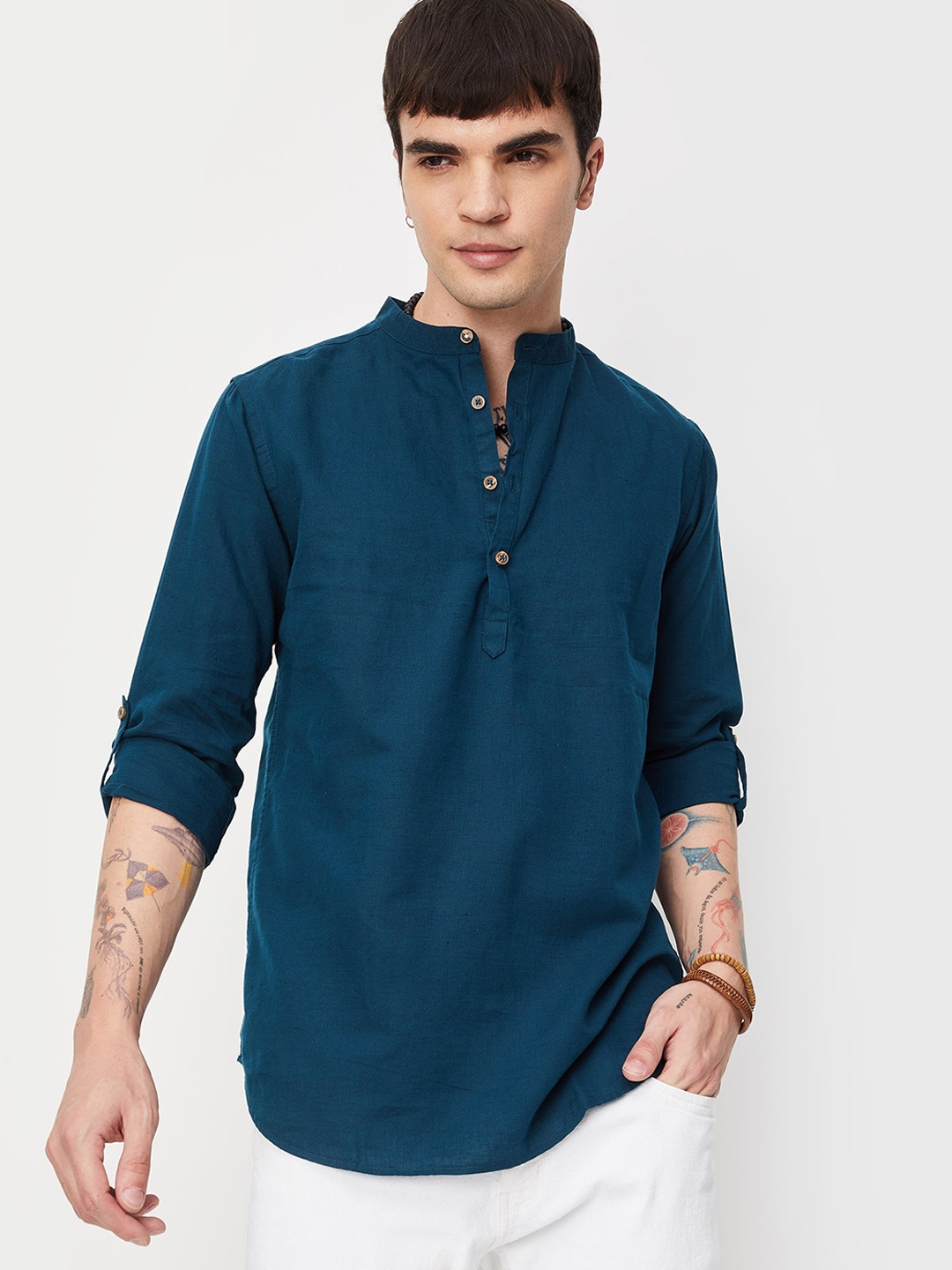 

max Band Collar Roll-Up Sleeves Straight Kurta, Teal