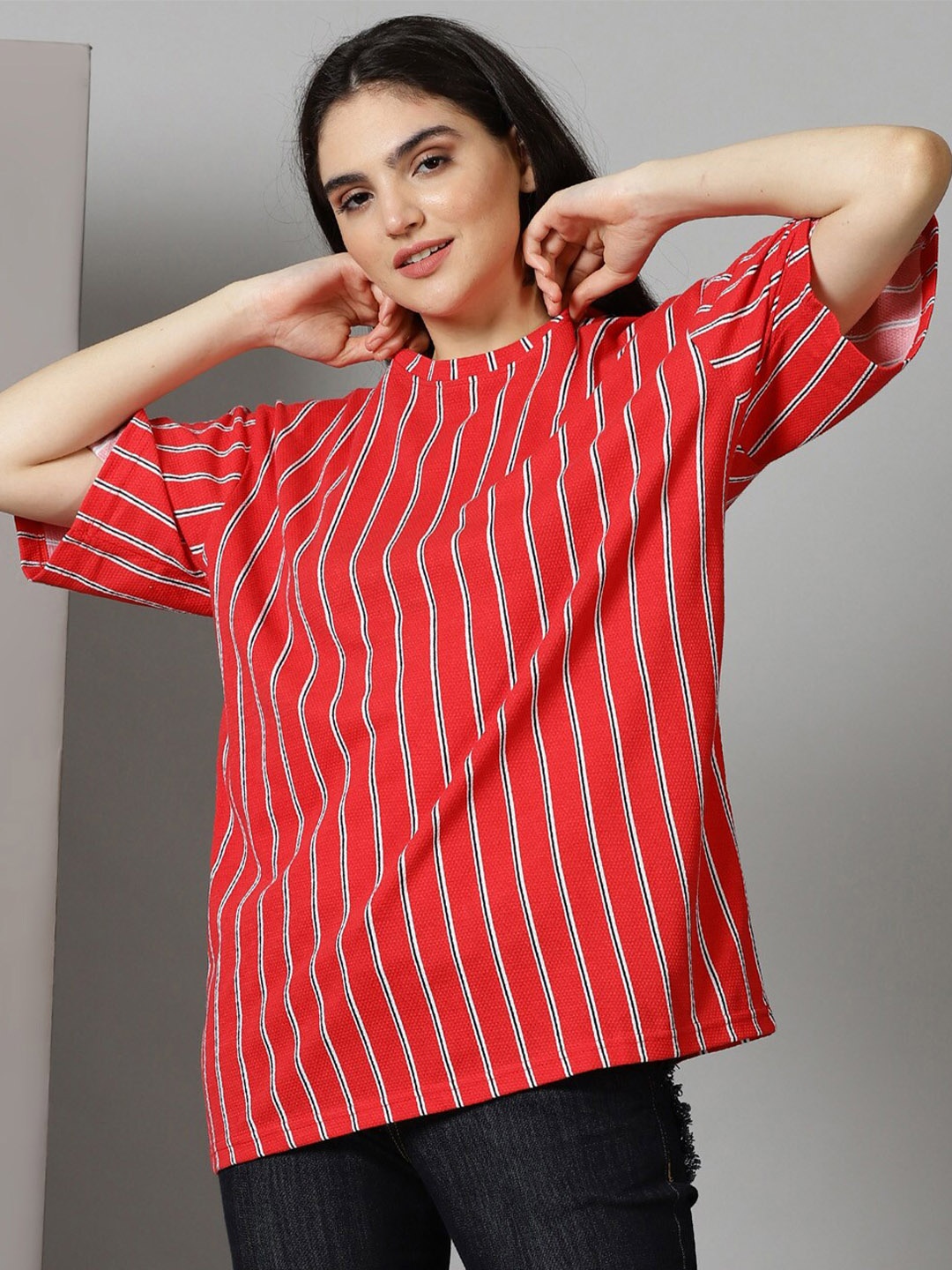 

Rodzen Striped Drop Shoulder Sleeves Cotton T-Shirt, Red