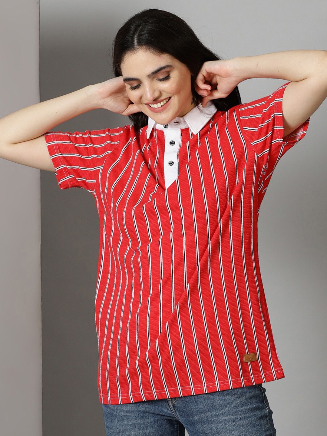 

Rodzen Striped Polo Collar Cotton Oversized T-Shirt, Red