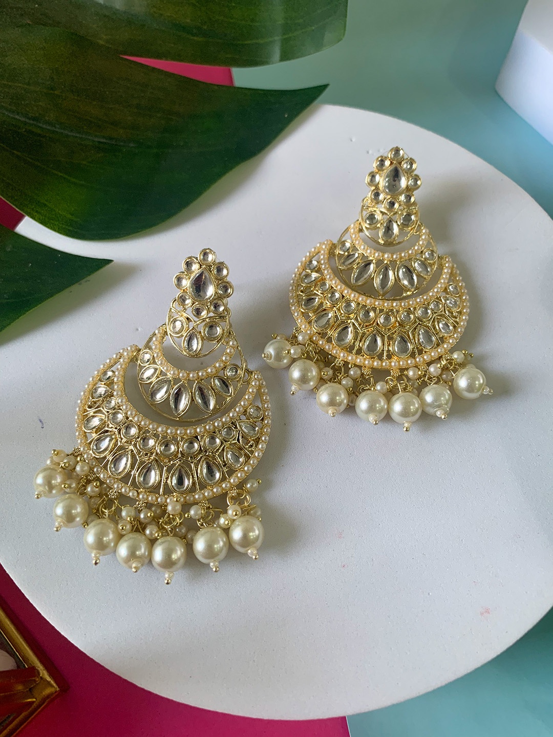 

I Jewels Gold-Plated Contemporary Kundan Studded & Beaded Chandbali Earrings