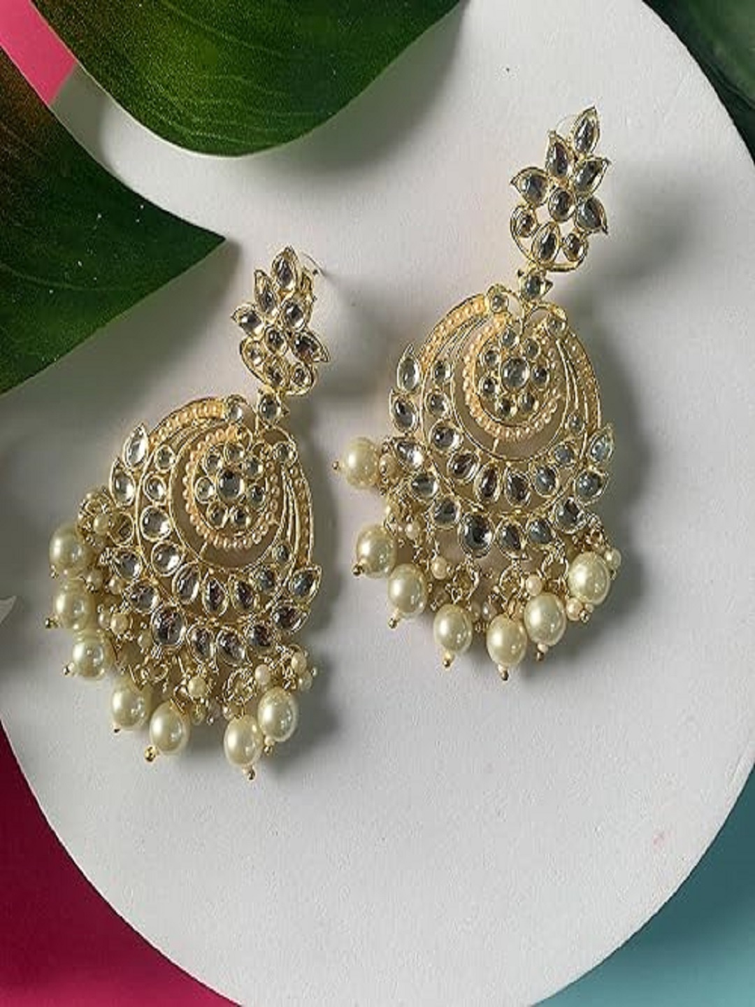 

I Jewels Gold Plated Pearl Kundan Beaded Chandbalis Earrings, White