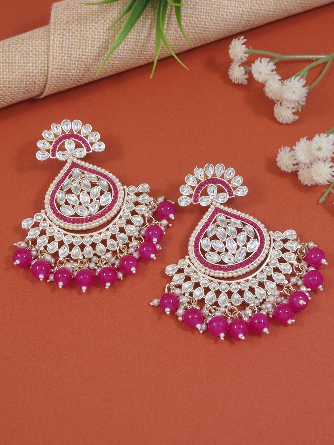 

I Jewels Contemporary Chandbalis Earrings, Pink