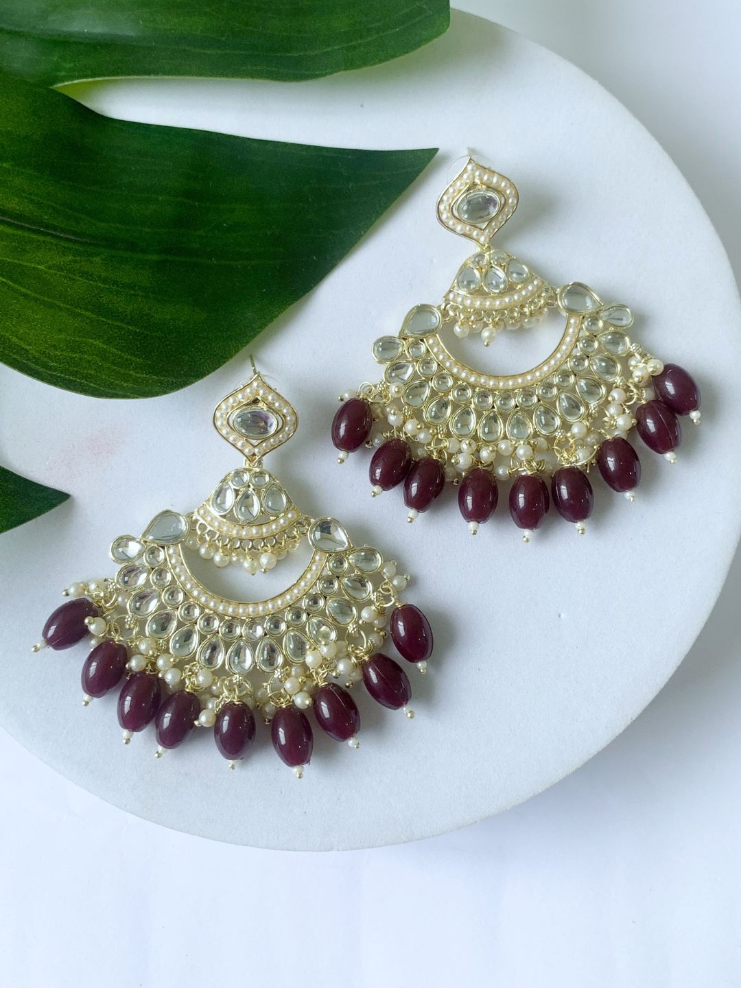 

I Jewels Gold-Plated Stones & Beads Studded Contemporary Drop Earrings