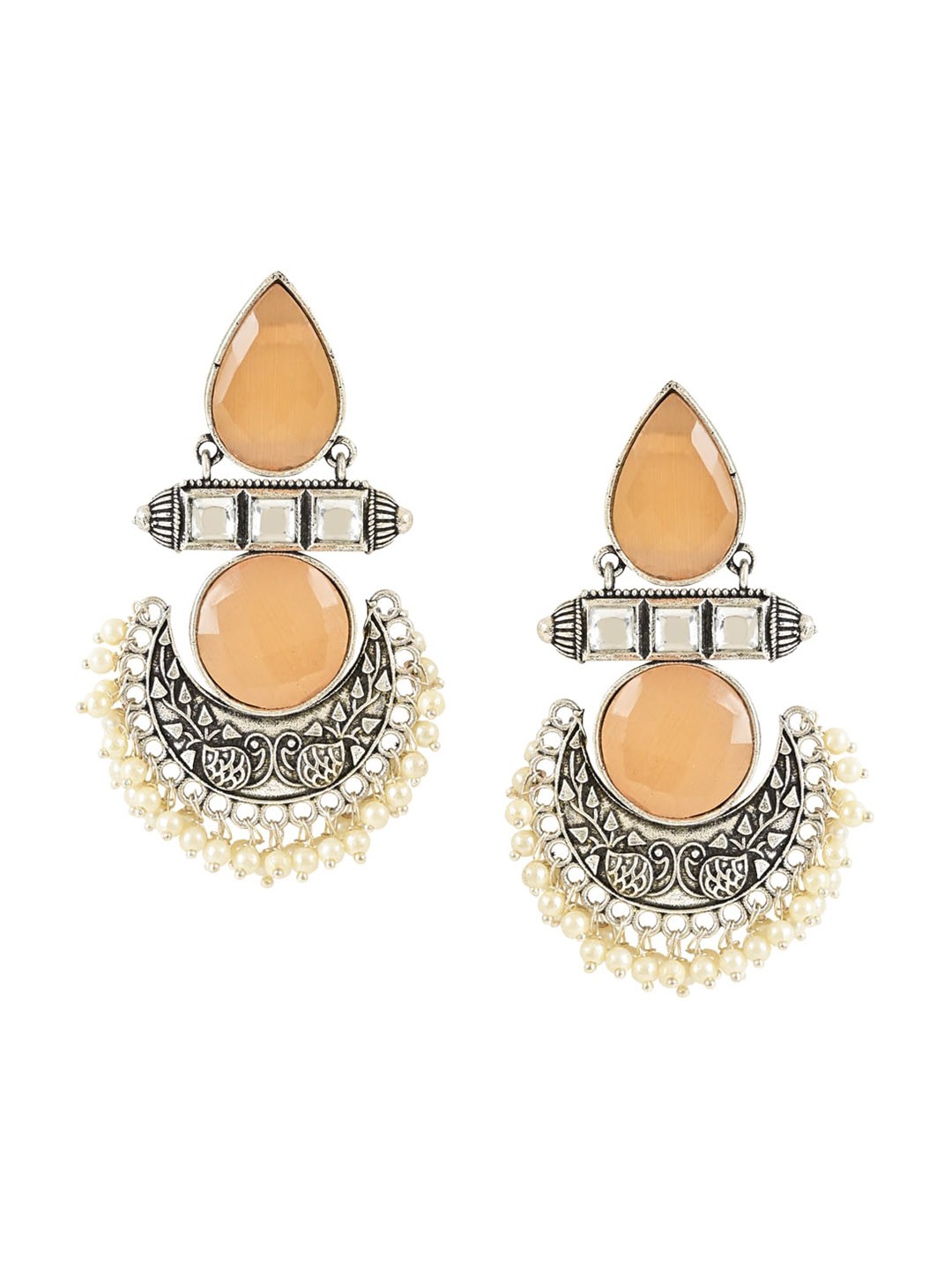 

I Jewels Silver-Plated Contemporary Stones Studded And Beaded Drop Earrings