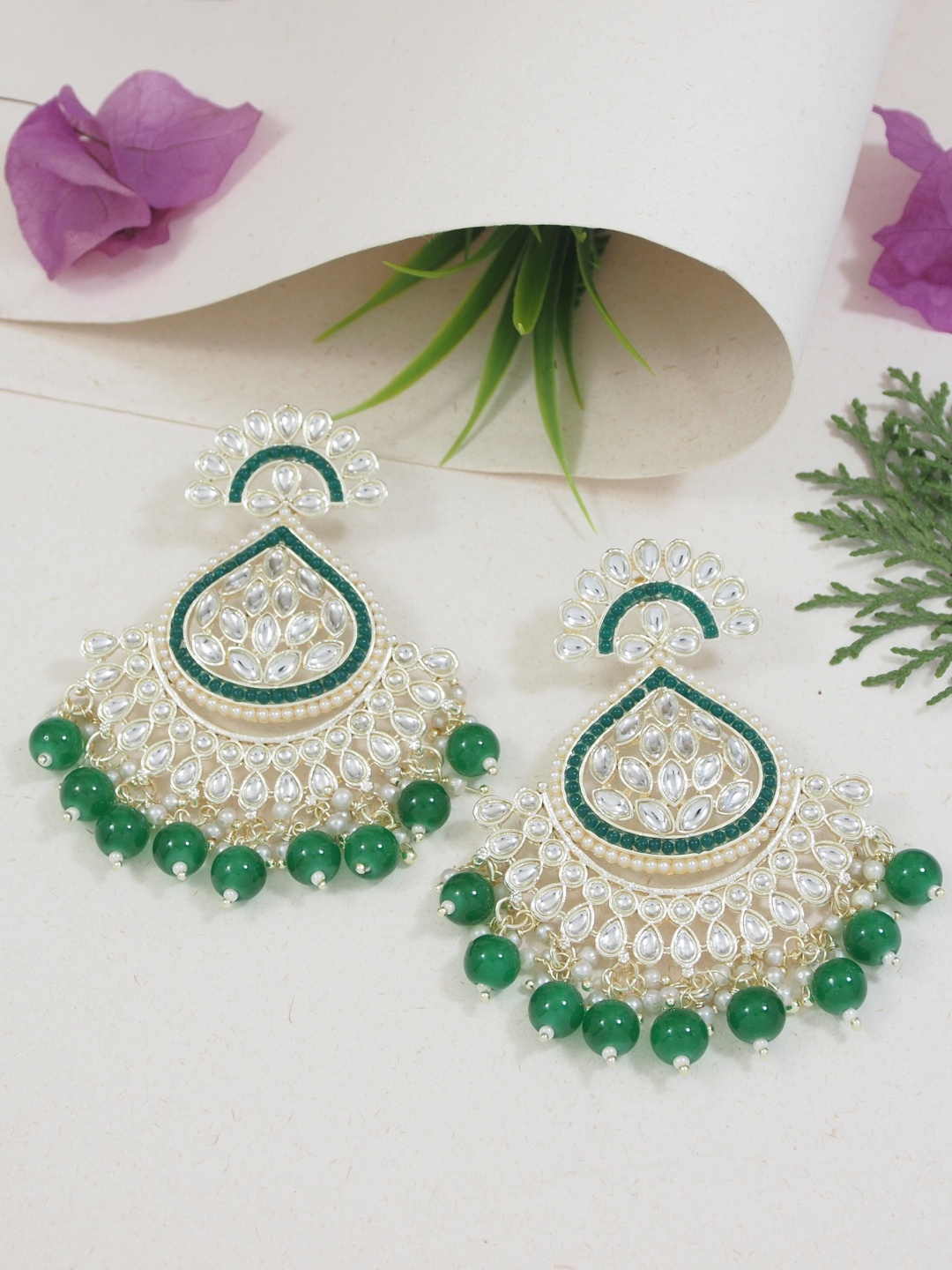 

I Jewels Gold-Plated Stones & Beads Studded Contemporary Drop Earrings, Green