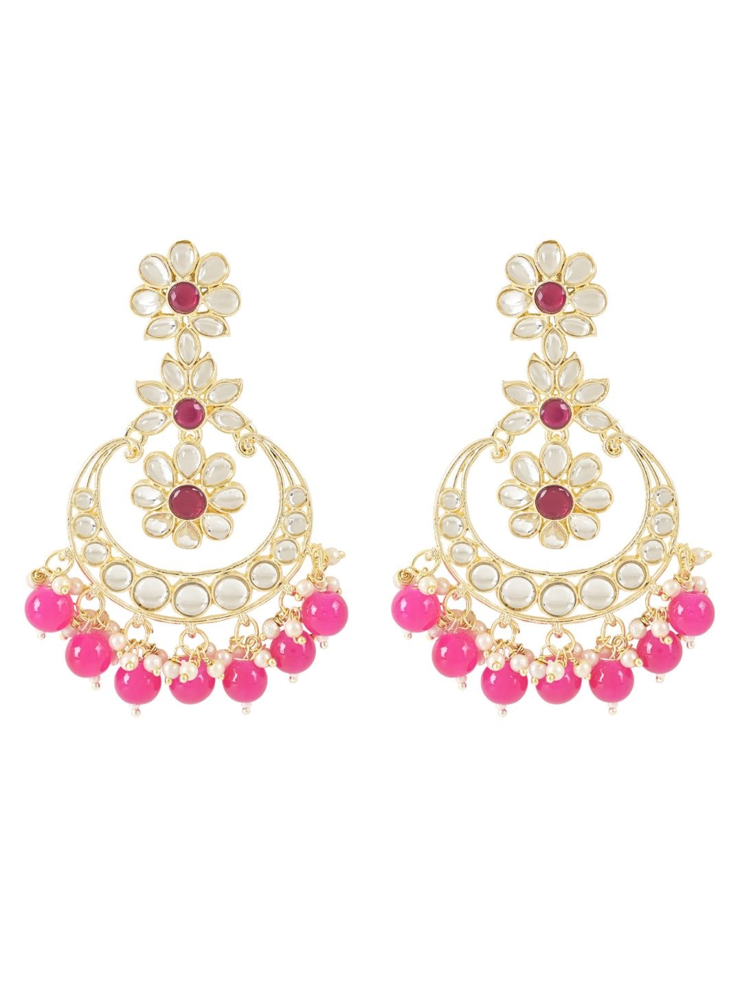 

I Jewels Gold-Plated Contemporary Stone Studded & Pearl Chandbali Earrings, Pink