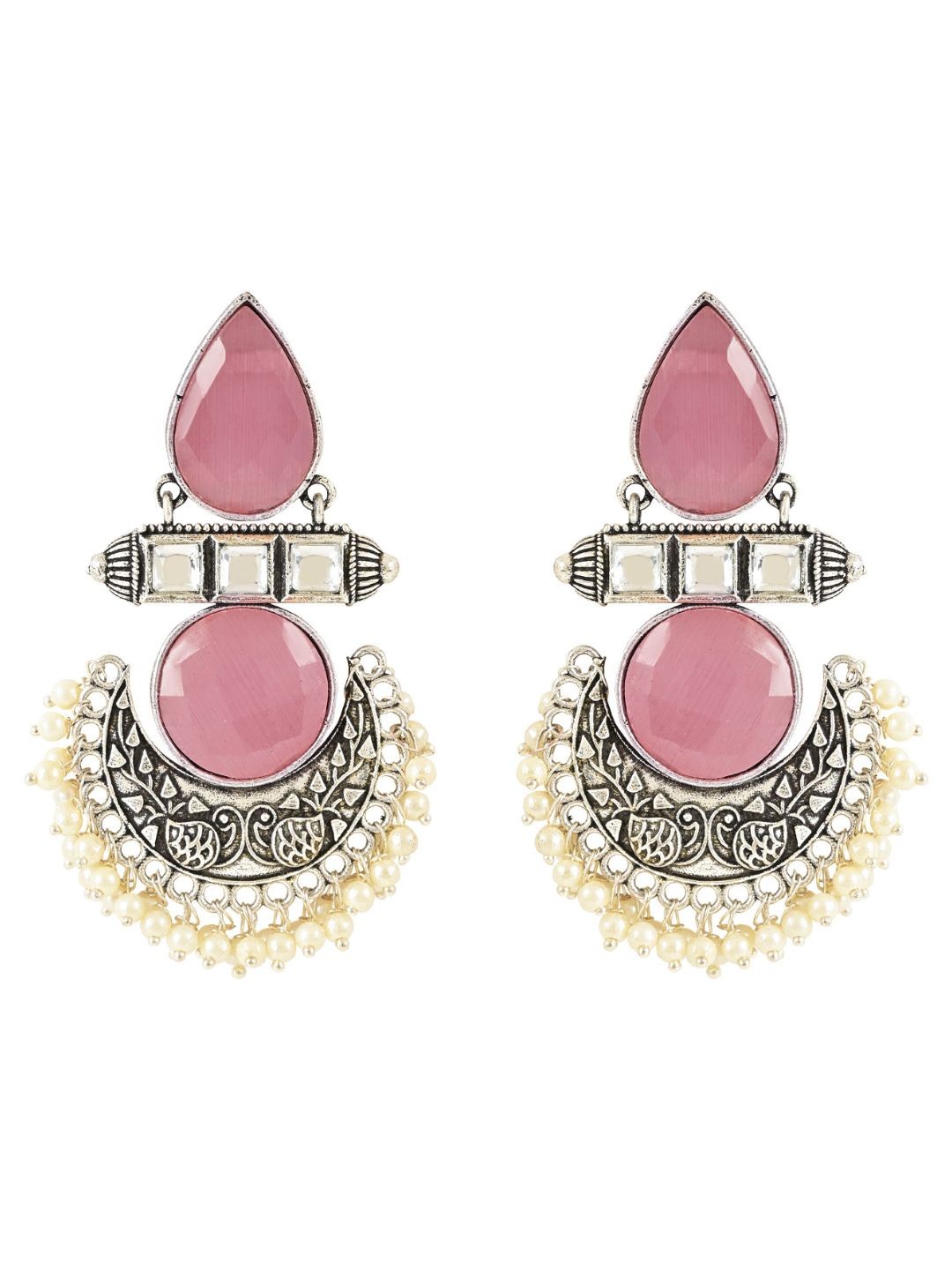

I Jewels Silver-Plated Oxidised Stones & Beads Studded Contemporary Drop Earrings