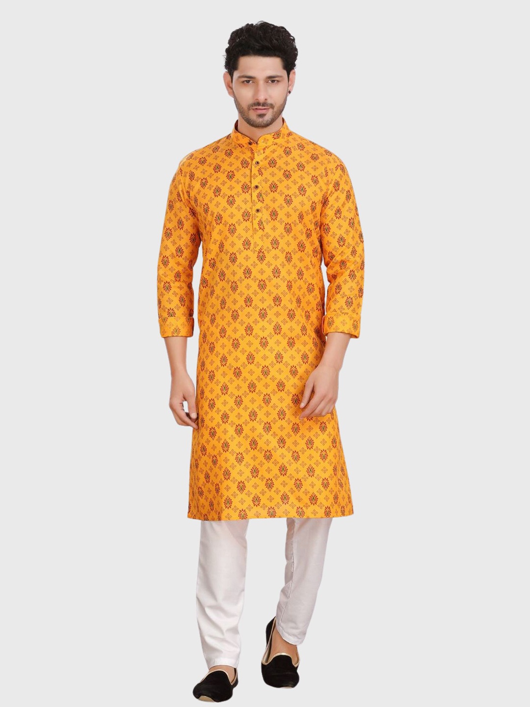 

SHIWAM ETHNIX Ethnic Printed Mandarin Collar Regular Kurta with Pyjamas, Yellow