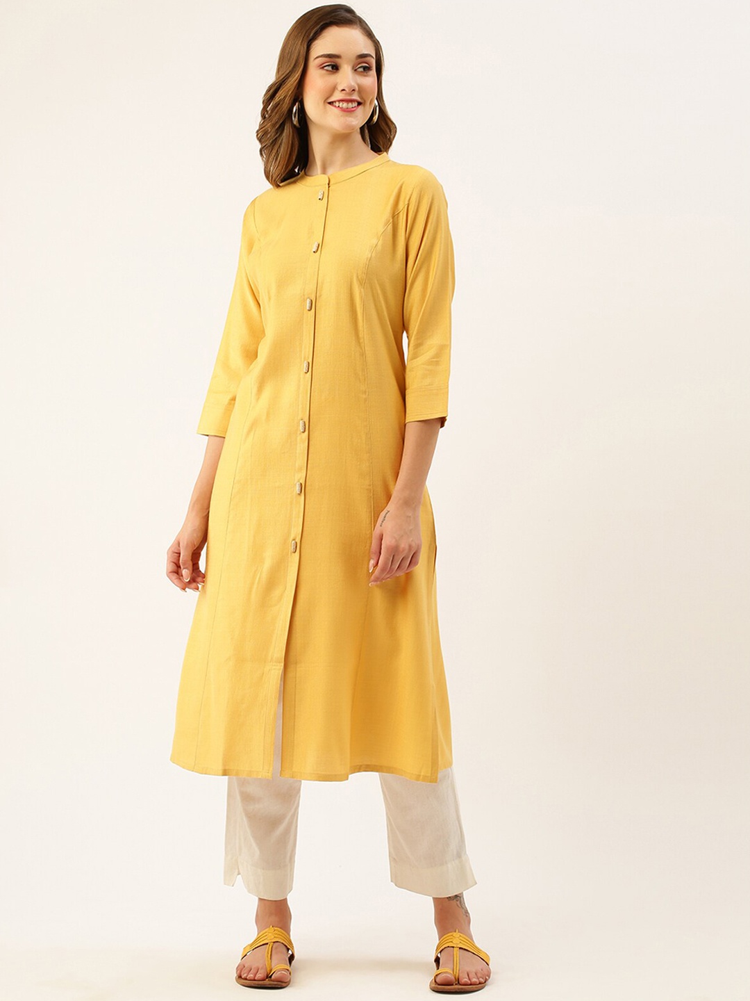 

ODETTE Mandarin Collar A-Line Kurta, Mustard