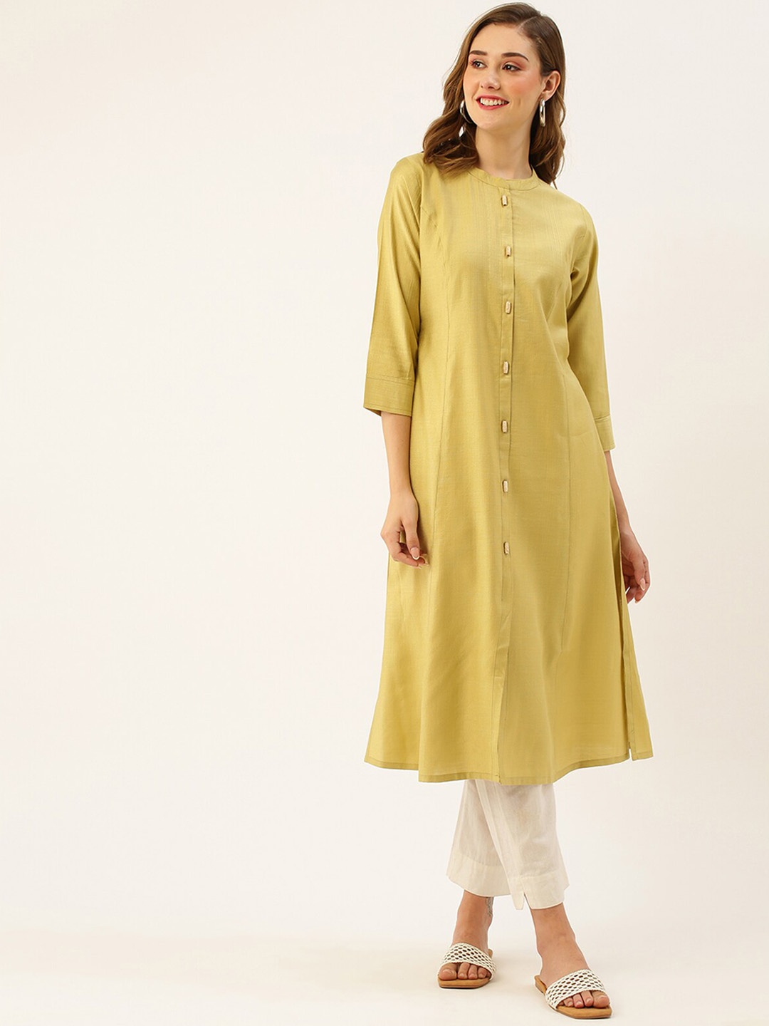 

ODETTE Mandarin Collar Flared A-Line Kurta, Mustard