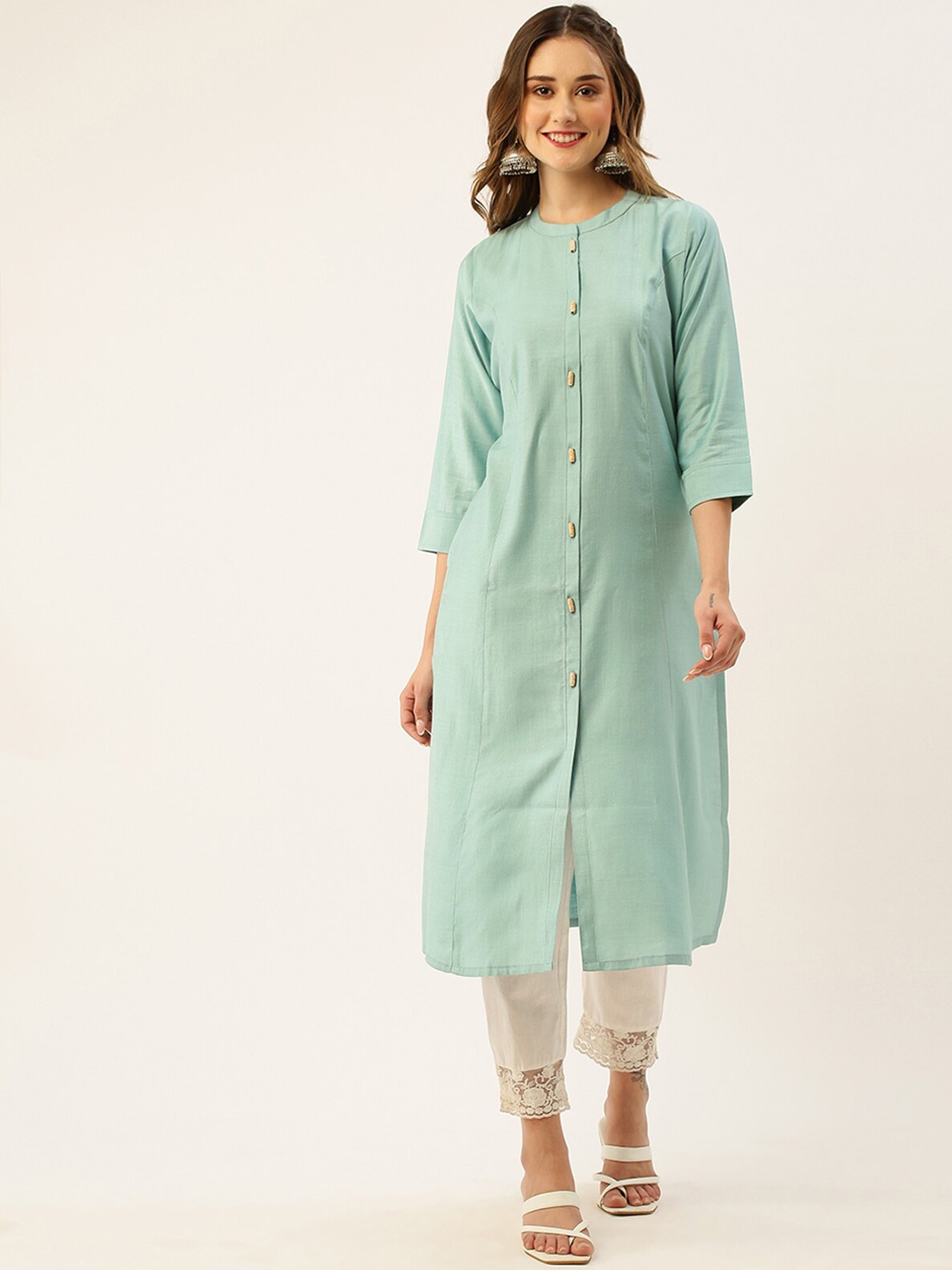 

ODETTE Mandarin Collar A-Line Kurta, Sea green