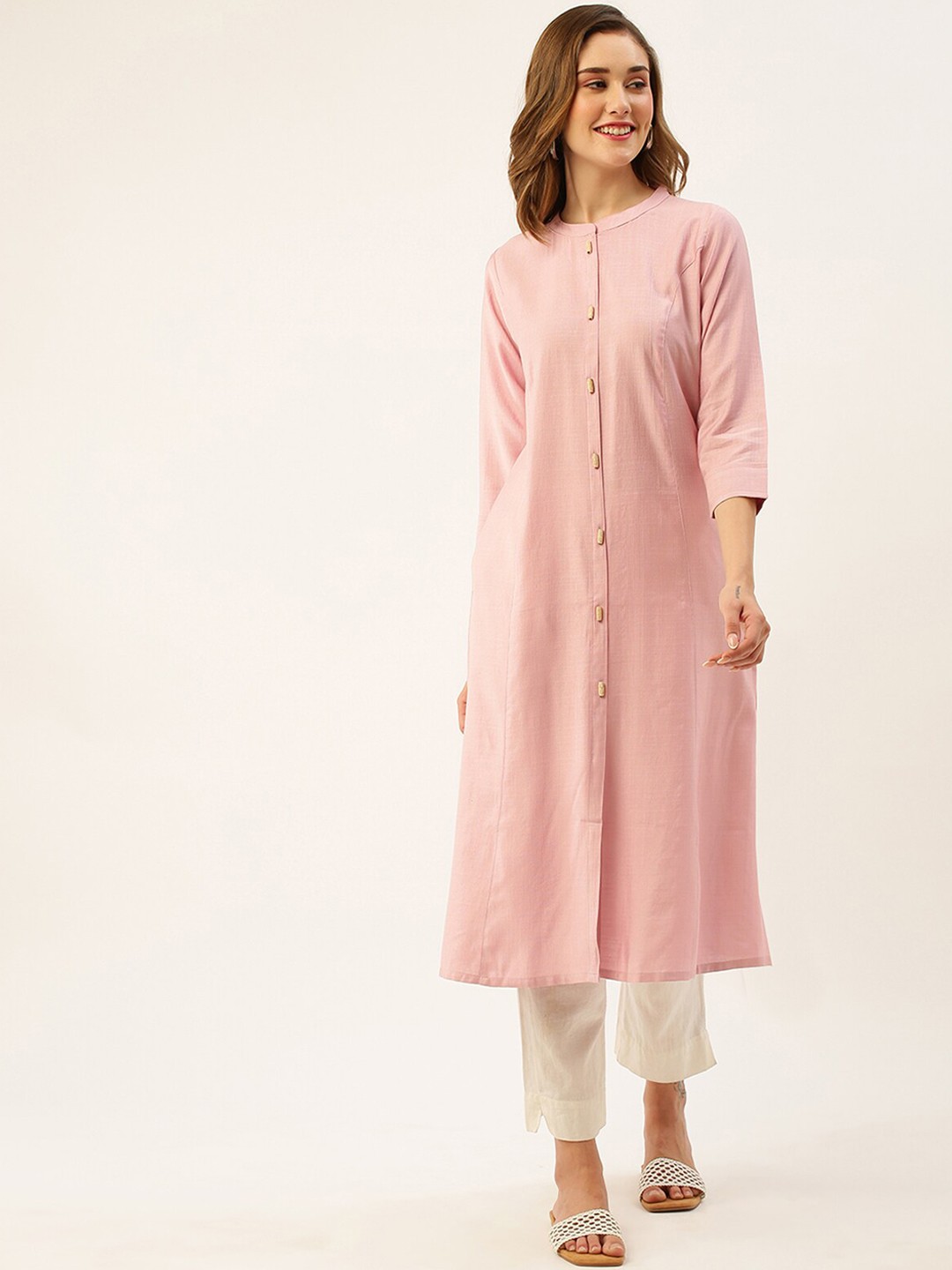

ODETTE Mandarin Collar Flared A-Line Kurta, Pink