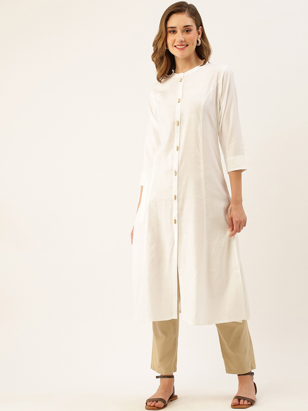 

ODETTE Mandarin Collar A-Line Kurta, White