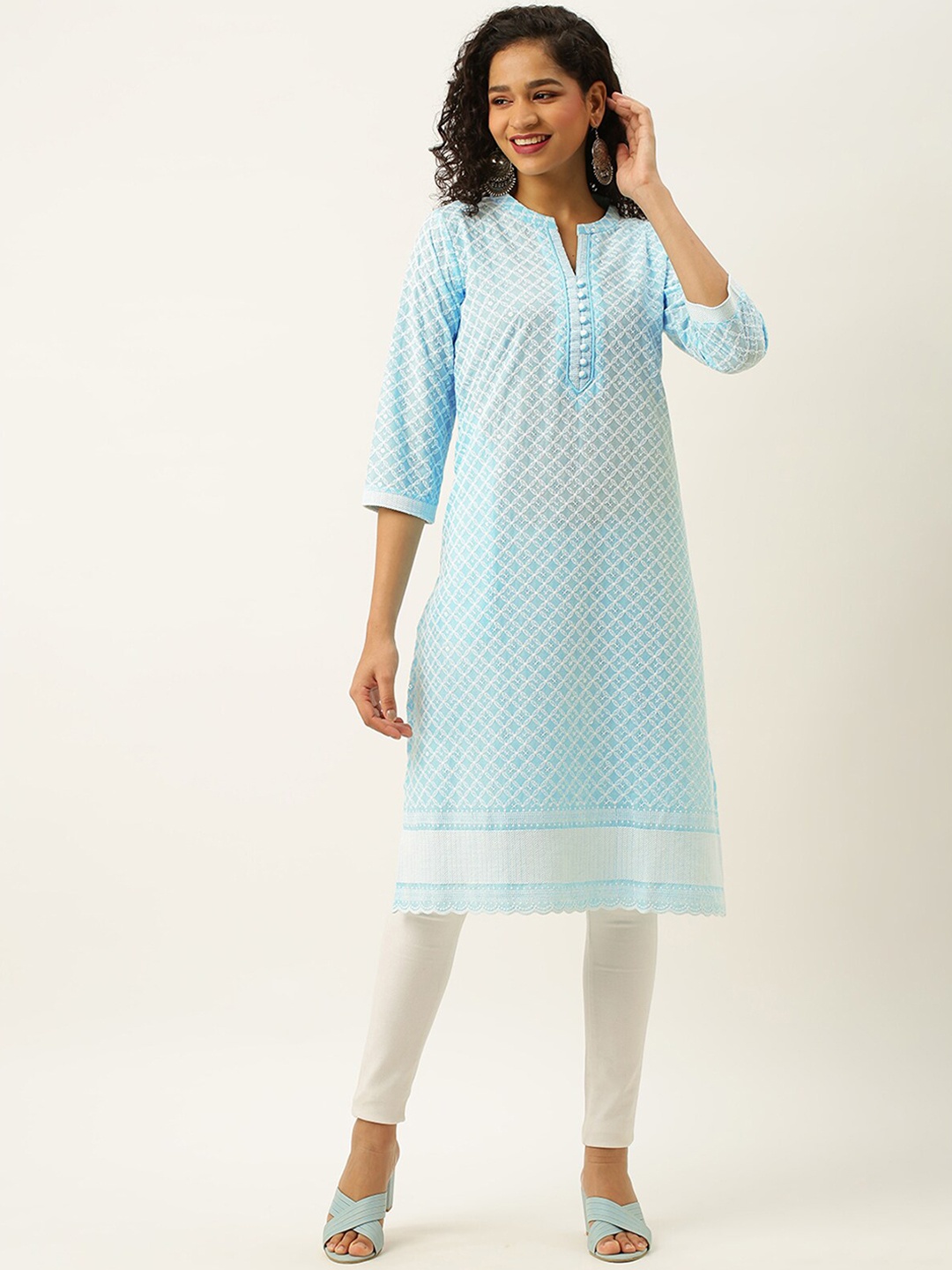 

ODETTE Geometric Embroidered Mandarin Collar Thread Work Cotton Straight Kurta, Blue