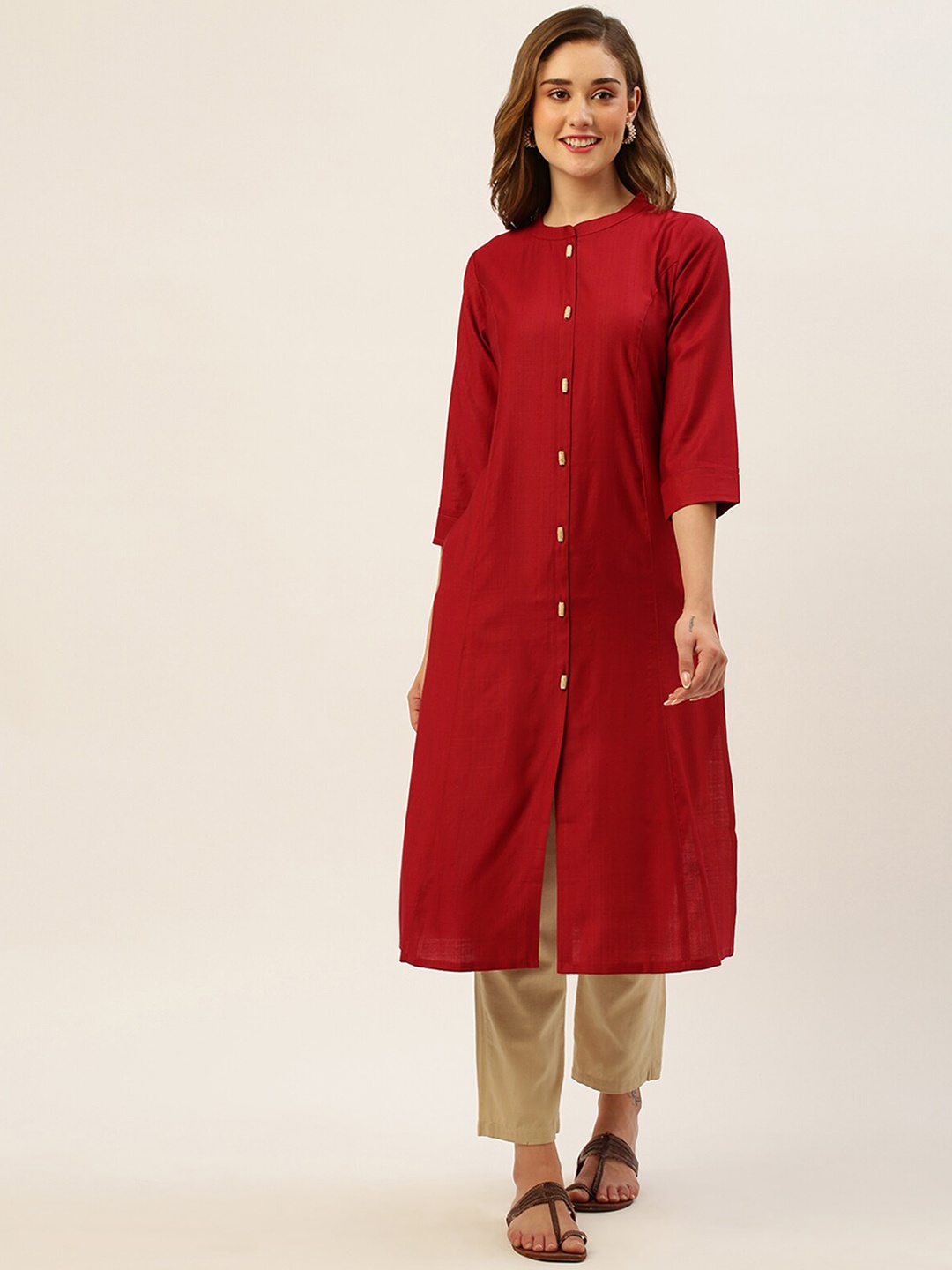 

ODETTE Mandarin Collar A-Line Kurta, Maroon