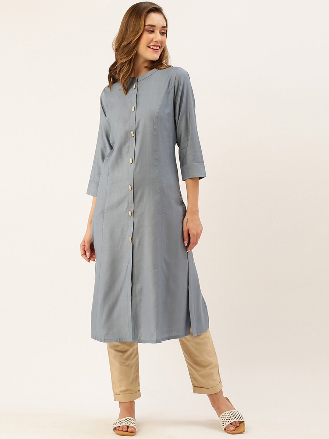 

ODETTE Mandarin Collar A-Line Kurta, Blue