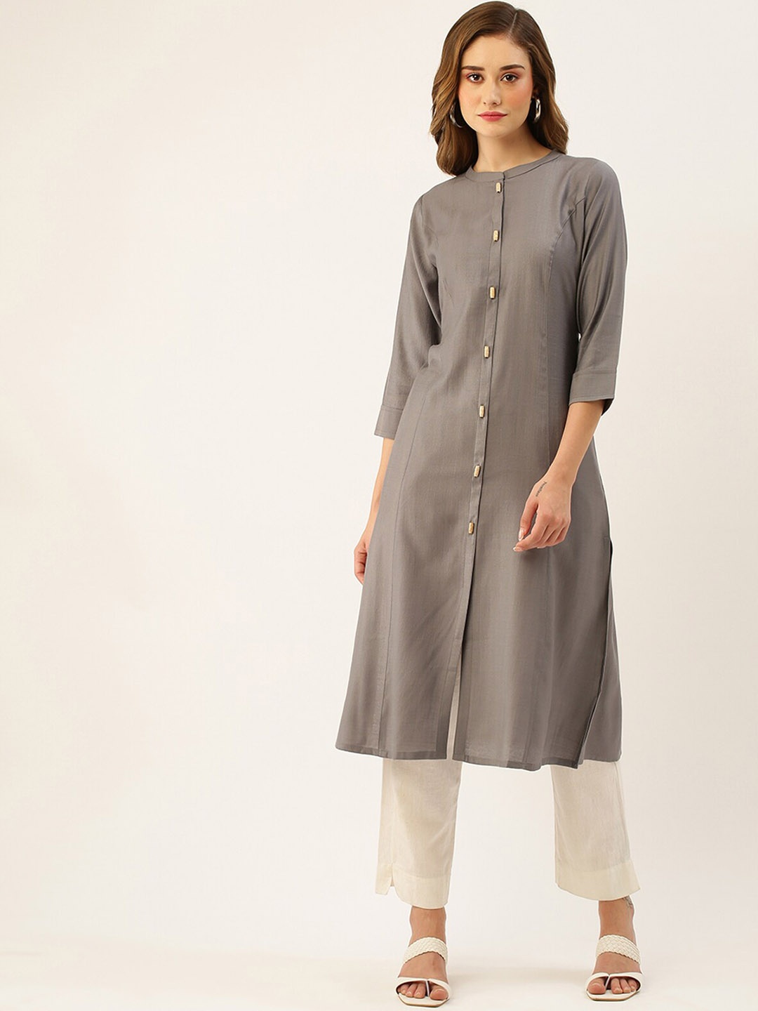 

ODETTE Mandarin Collar A-Line Kurta, Grey