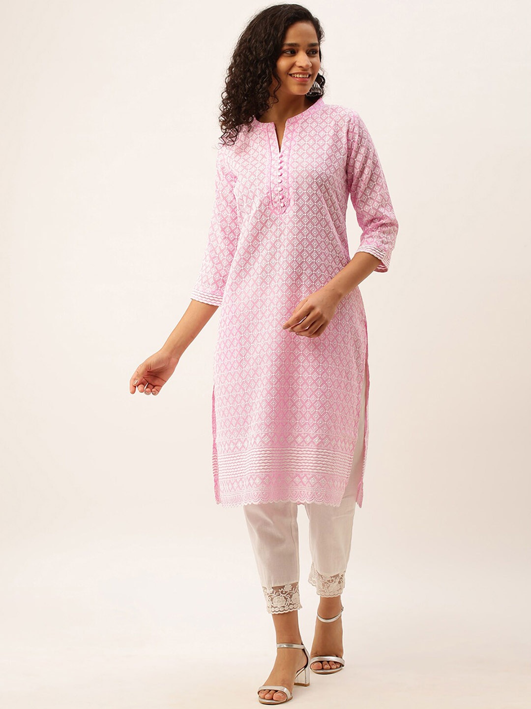 

ODETTE Ethnic Motifs Embroidered Mandarin Collar Cotton Kurta, Pink